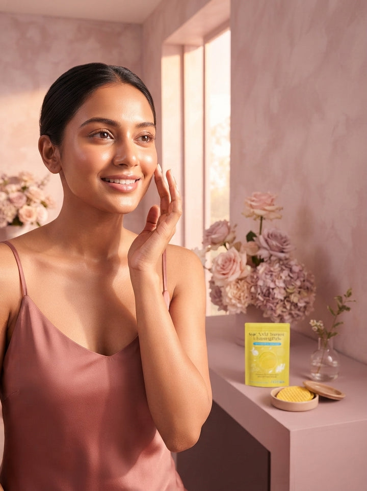 A radiant South Asian woman with glowing skin standing in a sunlit room decorated with soft blush pink and mauve accents.