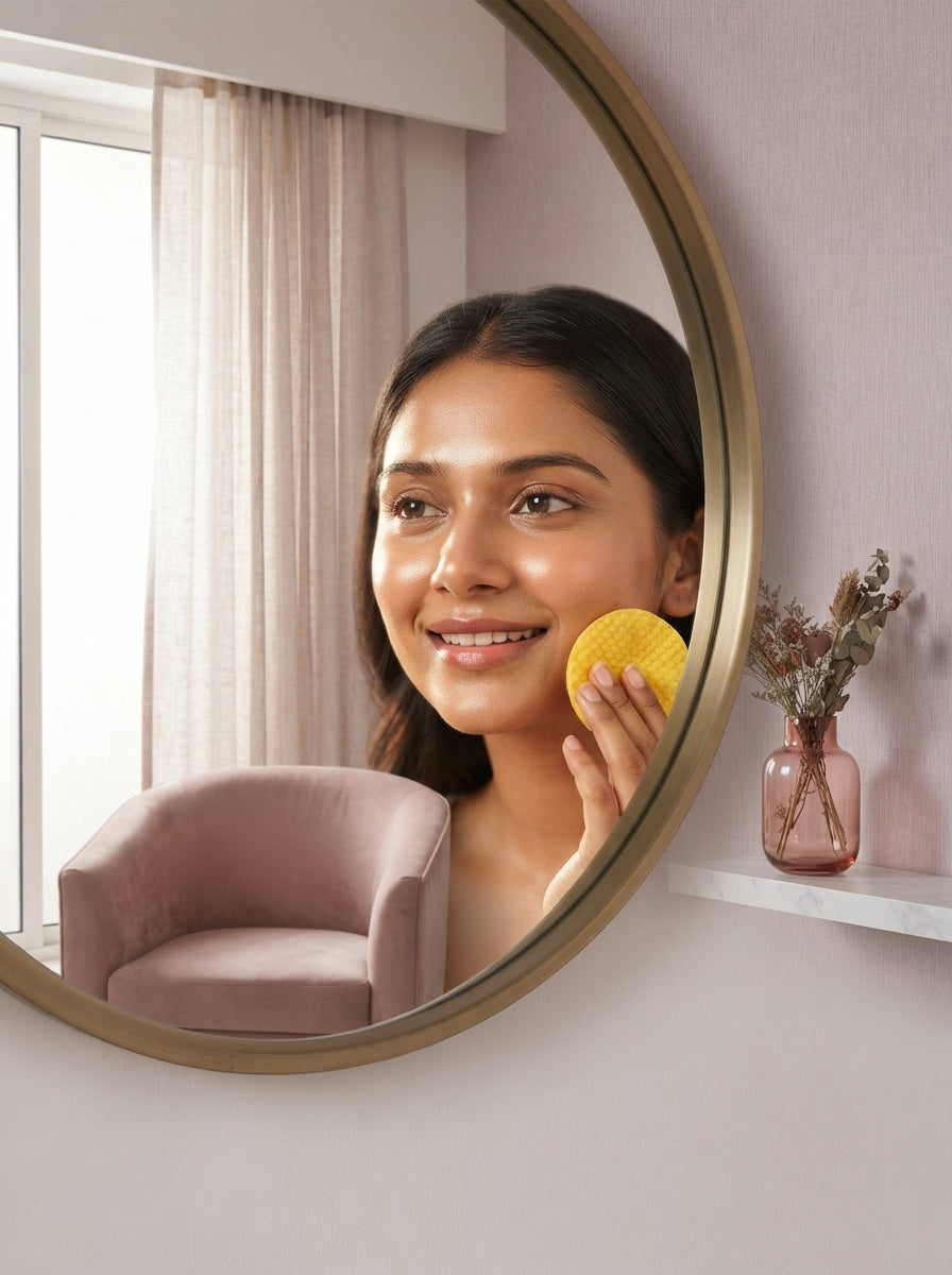 A young Indian woman with glowing, clear skin standing in a sunlit, modern room with soft blush and mauve decor.