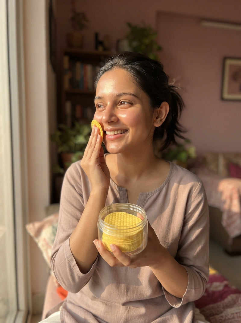 A young Indian woman using a turmeric cleansing pad in a sunlit apartment, showing natural glowing skin.