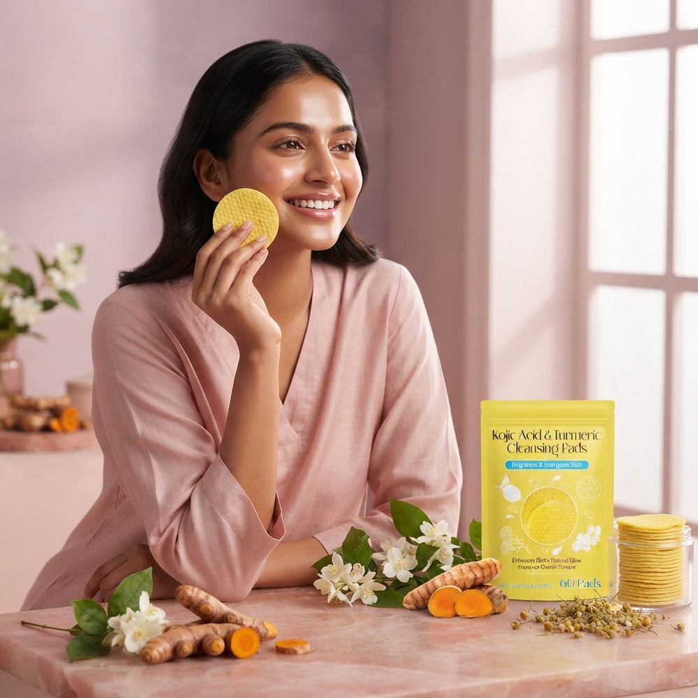 A radiant South Asian woman holding a turmeric cleansing pad in a soft-toned, modern room with botanical elements.